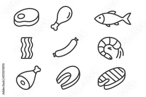 Outline icons of meat and seafood: steak, drumstick, fish, bacon, sausage, shrimp, ham, salmon