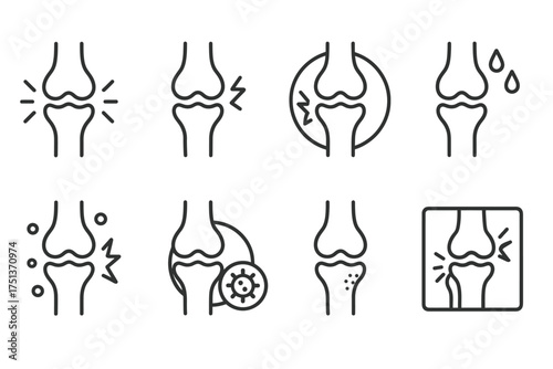 Joint pain symptoms and causes icons: arthritis, inflammation, infection, degeneration