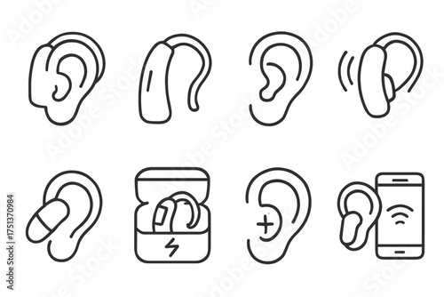 Hearing aid icon set: ear devices and wireless technology