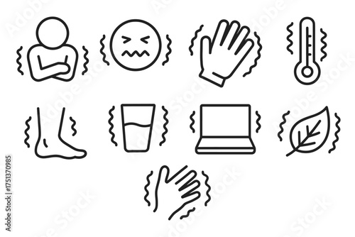 Shivering icons: cold symptoms, temperature, and vibrations illustrated