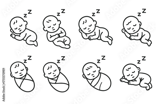 Collection of sleeping baby line art illustrations in various poses