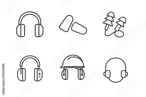 Various ear protection devices: headphones, earplugs, earmuffs for safety