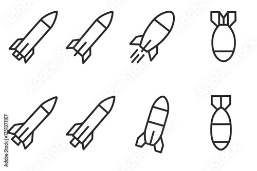 Set of linear missile and bomb icons in various designs