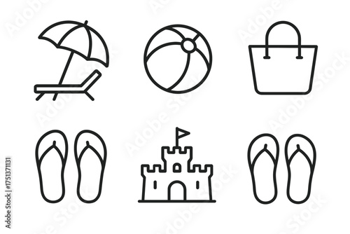 Beach essentials icons: umbrella, ball, bag, flip-flops, sandcastle