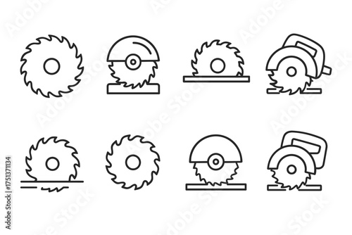 Set of circular saw icon variations for carpentry and woodworking