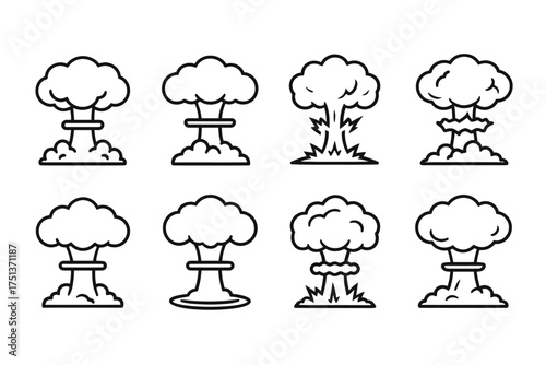 Collection of eight explosive mushroom cloud outlines in black and white