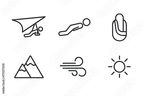 Minimalistic icons: hang gliding, paragliding, mountains, wind, sun