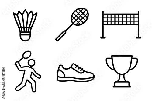Icon set: badminton equipment and trophy with racket, shuttlecock, and net