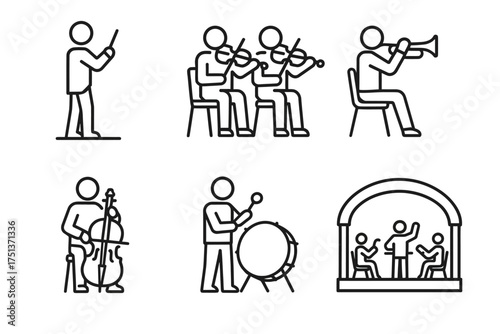 Simple line art of musicians playing instruments in various performances