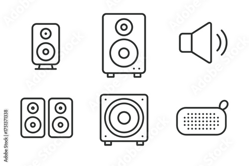Audio equipment icons: speakers, subwoofer, sound wave, portable speaker
