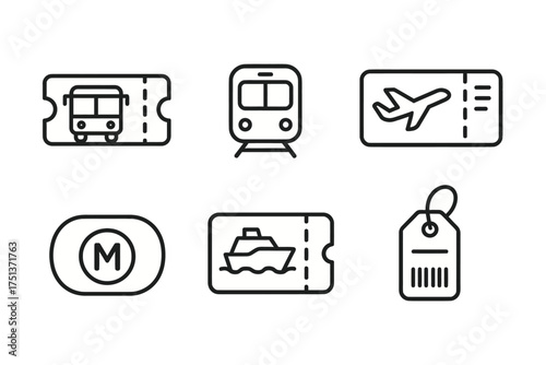 Bus, train, plane, metro, ship tickets and price tag icons set