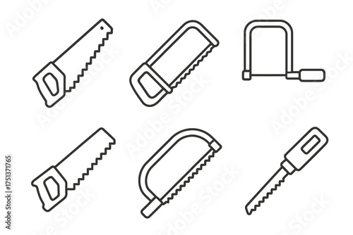 Set of six line art saws: hand saw, hacksaw, coping saw variants