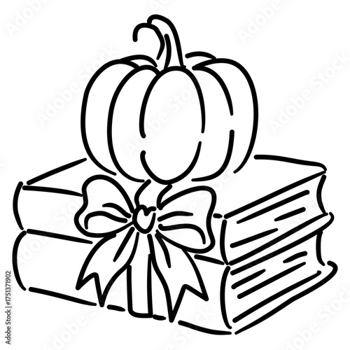 Pumpkin on Stack of Books Line Art with Ribbon Coquette Thanksgiving Autumn Outline Illustration for Bookish Fall Decor Cottagecore and Cozy Seasonal Design