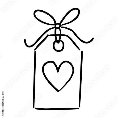 Gift Tag Line Art with Ribbon Bow and Heart Coquette Thanksgiving Outline Illustration for Holiday Packaging Autumn Greeting Card and Romantic Fall Decor