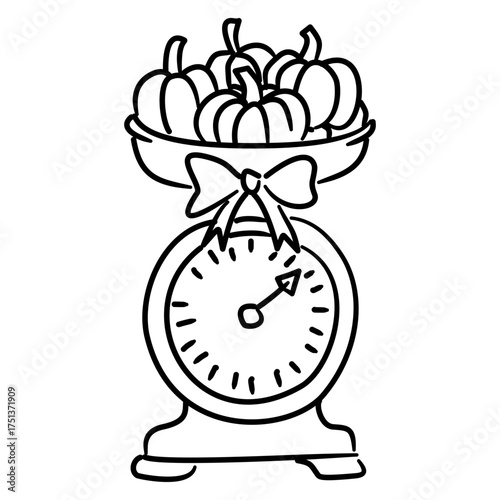 Vintage Kitchen Scale Line Art with Pumpkins and Bow Coquette Thanksgiving Outline Illustration for Fall Harvest Decor Farmhouse Kitchen and Holiday Design