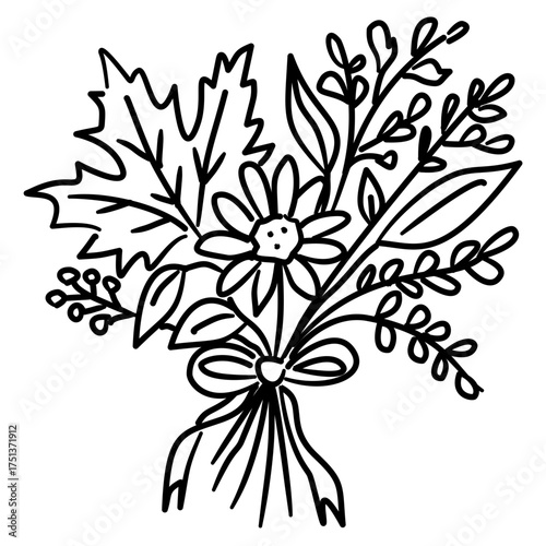 Autumn Flower Bouquet Line Art with Leaves and Ribbon Coquette Thanksgiving Fall Floral Outline Illustration for Seasonal Decor Cottagecore and Harvest Design