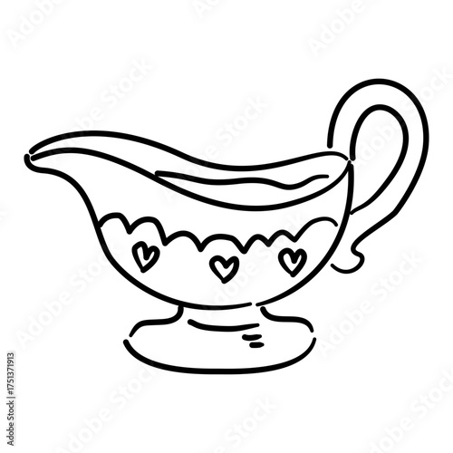 Gravy Boat Line Art with Heart Pattern Coquette Thanksgiving Tableware Outline Illustration for Fall Dinner Holiday Feast and Romantic Autumn Decor