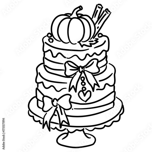 Pumpkin Tier Cake Line Art with Bows and Cinnamon Sticks Coquette Thanksgiving Dessert Outline Illustration for Fall Bakery Autumn Feast and Festive Decor