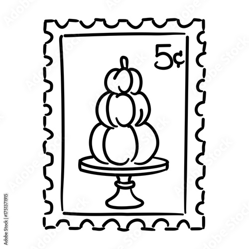 Vintage Postage Stamp Line Art with Pumpkin Stack Coquette Thanksgiving Autumn Mail Outline Illustration for Fall Lettering Stickers and Whimsical Decor