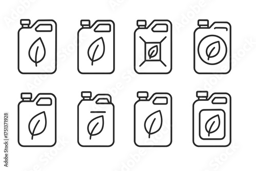 Collection of line icons for eco-friendly fuel containers with leaf symbol