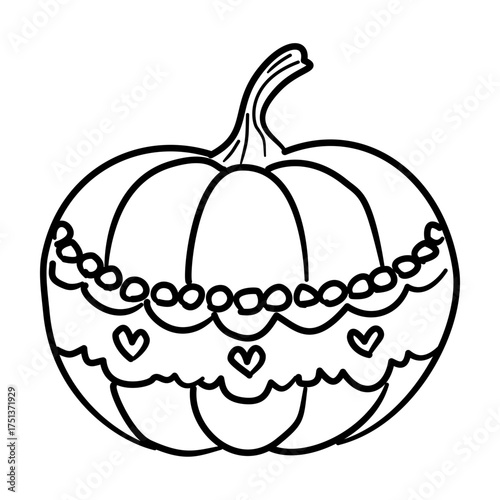 Cute Pumpkin Line Art with Lace and Hearts Coquette Fall Outline Illustration for Thanksgiving Autumn Decor Cottagecore Aesthetic and Whimsical Holiday Design