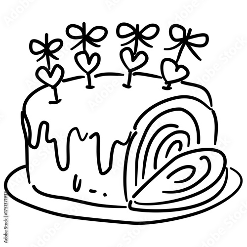 Swiss Roll Cake Line Art with Heart and Bow Toppers Coquette Thanksgiving Dessert Outline Illustration for Fall Bakery Autumn Sweet Table and Festive Decor