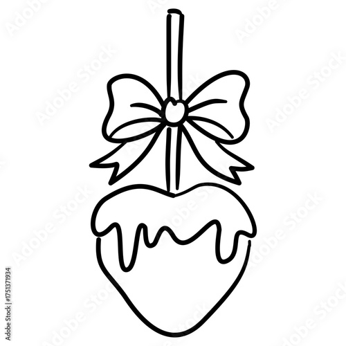 Caramel Apple Line Art with Ribbon Bow Coquette Thanksgiving Dessert Outline Illustration for Fall Harvest Autumn Candy and Whimsical Holiday Design