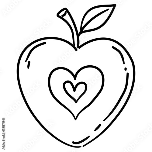 Apple Line Art with Heart Center Coquette Thanksgiving Fruit Outline Illustration for Autumn Harvest Farmhouse Decor and Whimsical Fall Design
