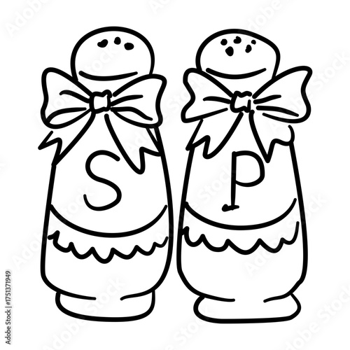 Adorable Salt and Pepper Shakers Line Art with Bows Coquette Thanksgiving Kitchen Decor Outline Illustration for Holiday Dining and Cute Autumn Table Design
