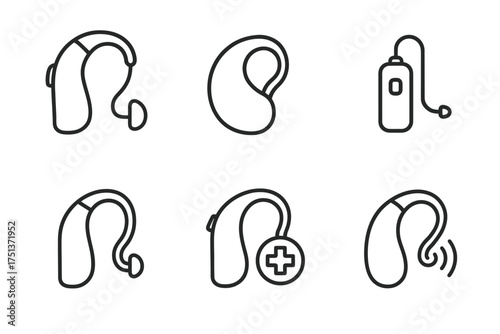 Hearing aid line icons set: medical devices for hearing support and healthcare