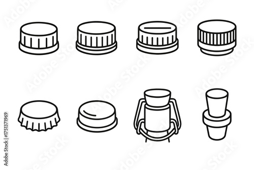Collection of various bottle cap icons in simple line art style