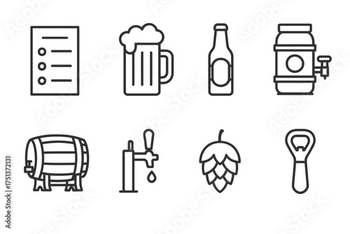 Beer icons set: mug, bottle, barrel, and hop symbols