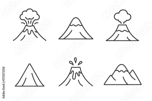 Minimalistic volcano icons: erupting and dormant mountain illustrations