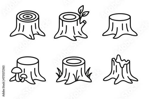 Variety of tree stump icons with mushrooms, leaves, and grass elements