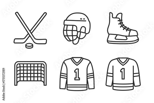 Hockey equipment icons: sticks, helmet, skates, goal, jersey