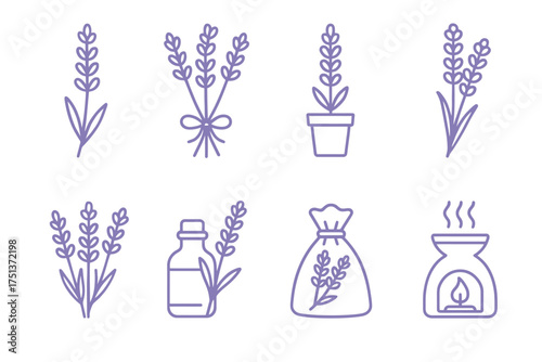 Lavender elements: outlines of sprigs, aromatherapy products, and decor