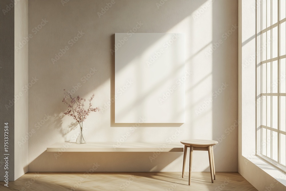 Fototapeta premium Minimalist interior with blank canvas vase stool and sunlight through window.