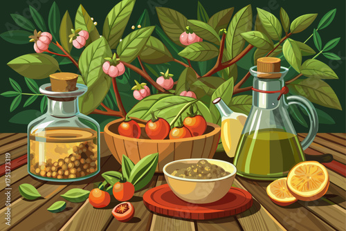 vector of Wild Camellia Tea Oil with Seeds on Wooden Table - Harvest Natural Cooking Ingredients