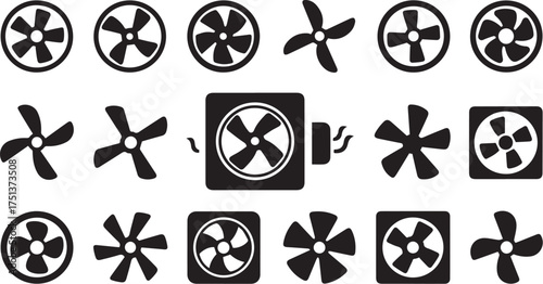 Minimalist fan and propeller icon set – 18 black-and-white silhouettes of rotating blades, enclosed vents, and motion symbols for ventilation, HVAC, and mechanical design.