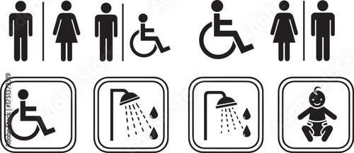 Minimalist restroom and hygiene icon set – black-and-white silhouettes of male, female, accessible, shower, and baby changing symbols for signage, public spaces, and universal design.