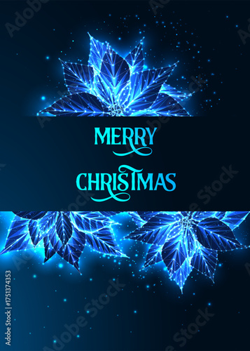 Merry Christmas glowing poinsettias frame, winter vector illustration. Holiday greeting card