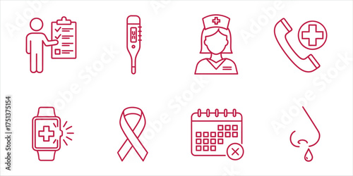 Healthcare and medical icon set featuring various symbols representing health, medicine, nurse, emergency, and medical equipment