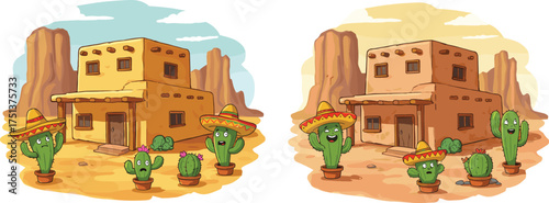 Cartoon desert houses and sombrero cacti with cheerful expressions, spot the difference puzzle, sunset and daytime scenes, white background illustration