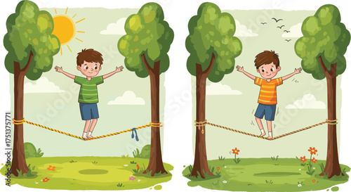 Cartoon boy in superhero costume playing in cardboard box house, joyful expression and cape, white background, imaginative character illustration