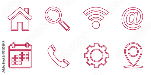Collection of essential contact and communication icons, including home, search, wifi, email, calendar, phone, settings, and location
