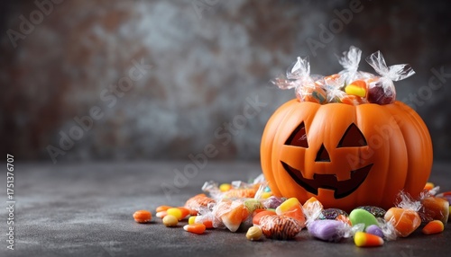 Halloween pumpkin with assorted candy, copy space