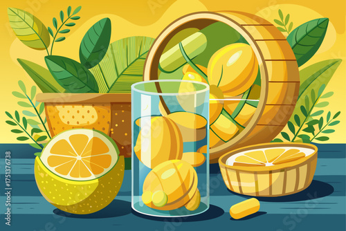 vector of Vitamin C lemon in a glass capsule, natural health supplement concept. It is placed on the table and a few lemons are placed in a small basket next to the vitamin C capsule