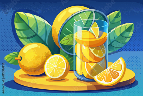 vector of Vitamin C lemon in a glass capsule, natural health supplement concept. It is placed on the table and a few lemons are placed in a small basket next to the vitamin C capsule