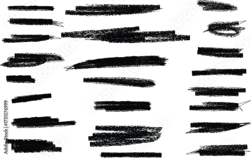 Illustration of a collection of black brush strokes isolated on white background, showcasing various textures and widths, ideal for artistic projects and graphic design elements