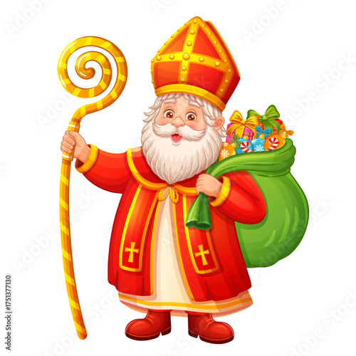 Cute Saint Nicholas Sinterklaas Christmas character hold children present gifts bag. Happy St Nicholas holiday day. Santa Claus with kid surprise sack. Christian bishop. Xmas winter celebration vector